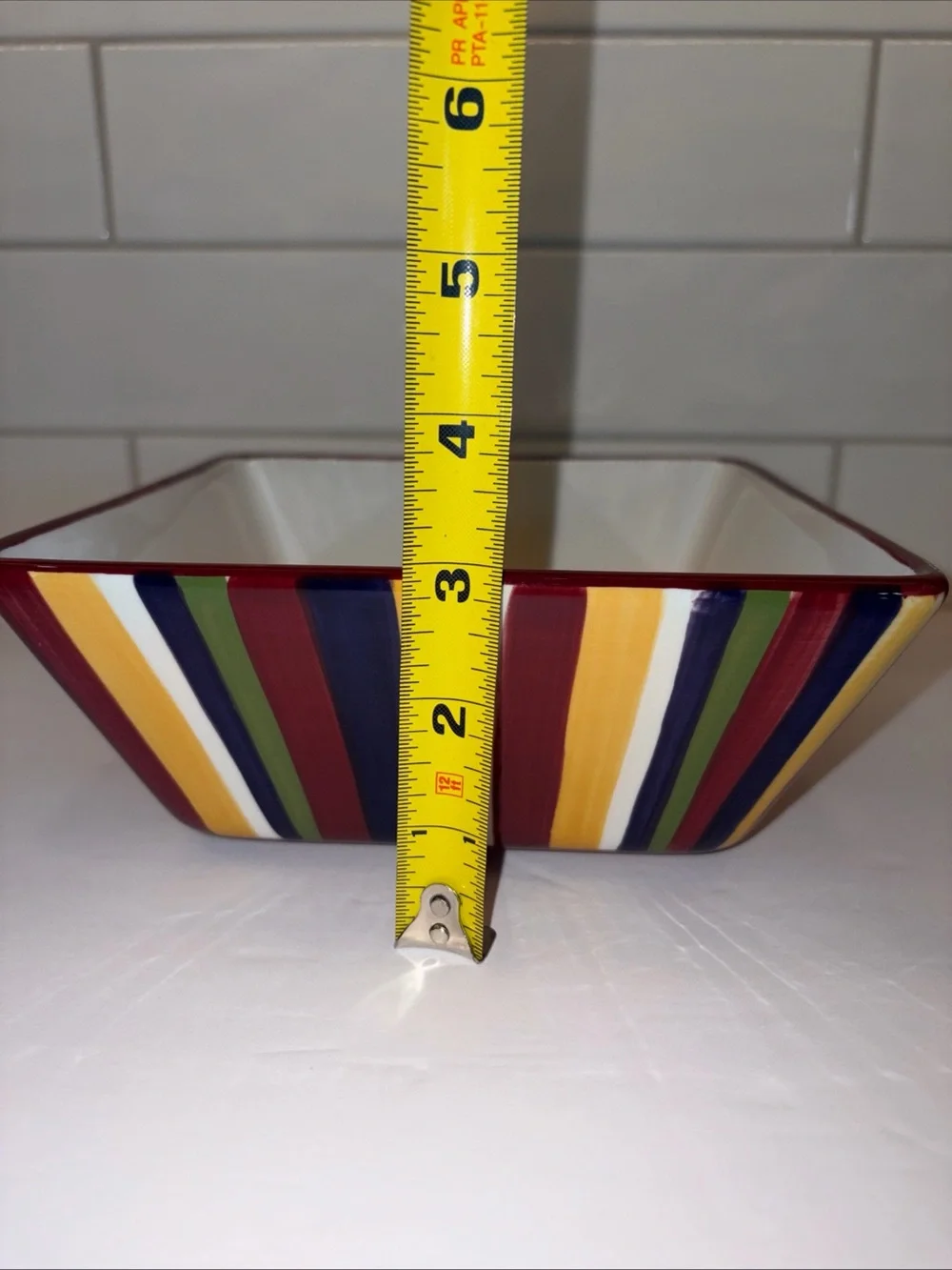 The Pampered Chef Square Ceramic Dish with Red and Multicolor Stripe Trim